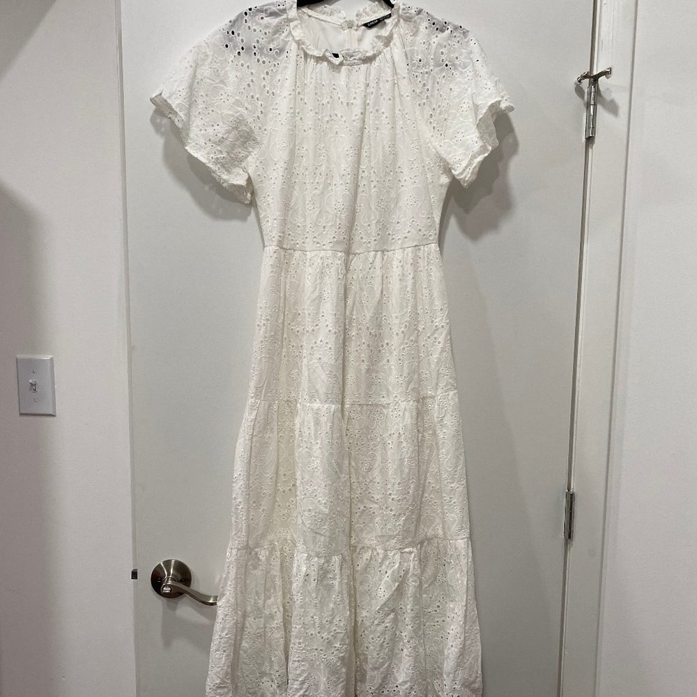 100% Cotton White Midi Flutter Sleeve Eyelet Dress from SHEIN, Size M, EUC